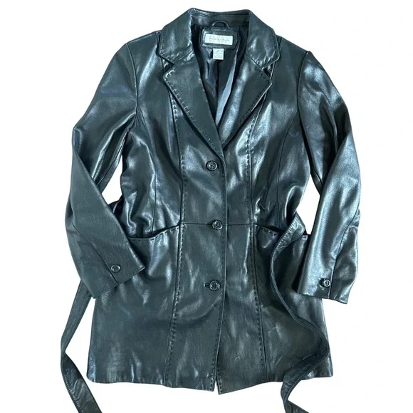 Vintage Preston & York Black Soft Leather‎ Long Trench Jacket Women's Medium - Picture 3 of 7